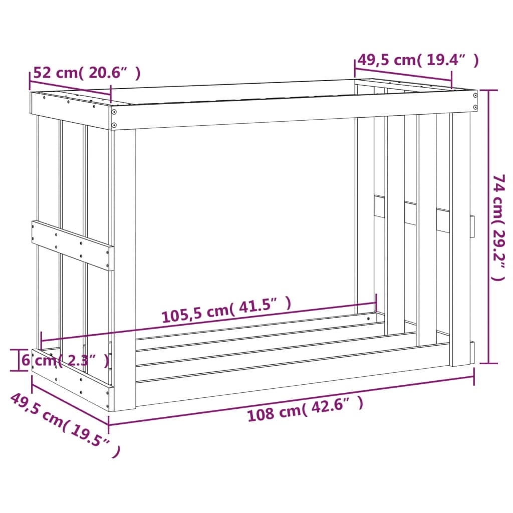 Utendørs vedstativ 108x52x74 cm heltre furu