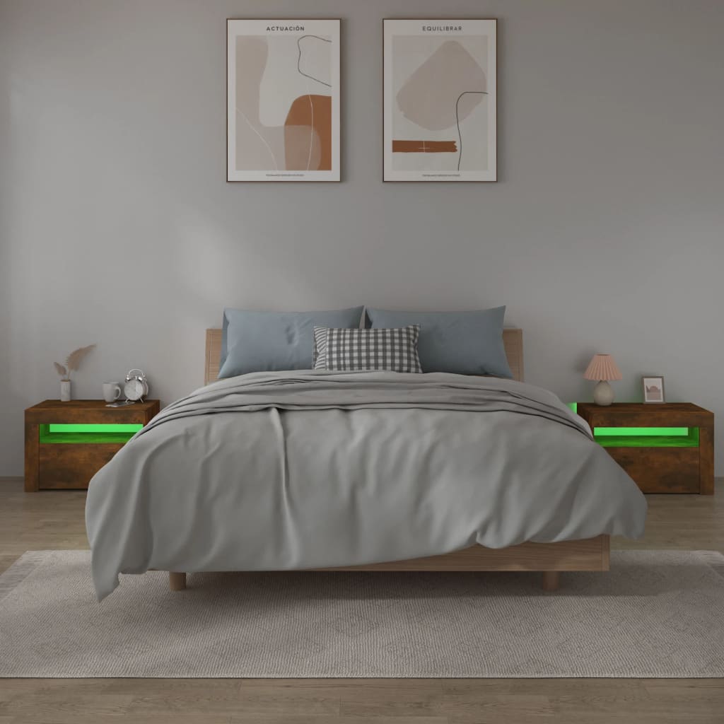 Nattbord 2 stk med LED-lys røkt eik 60x35x40 cm