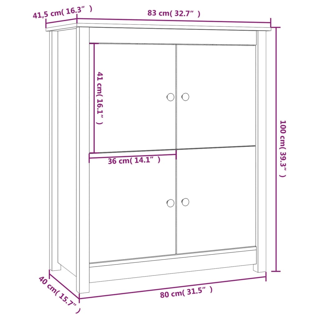 Skjenk hvit 83x41,5x100 cm heltre furu vidaXL