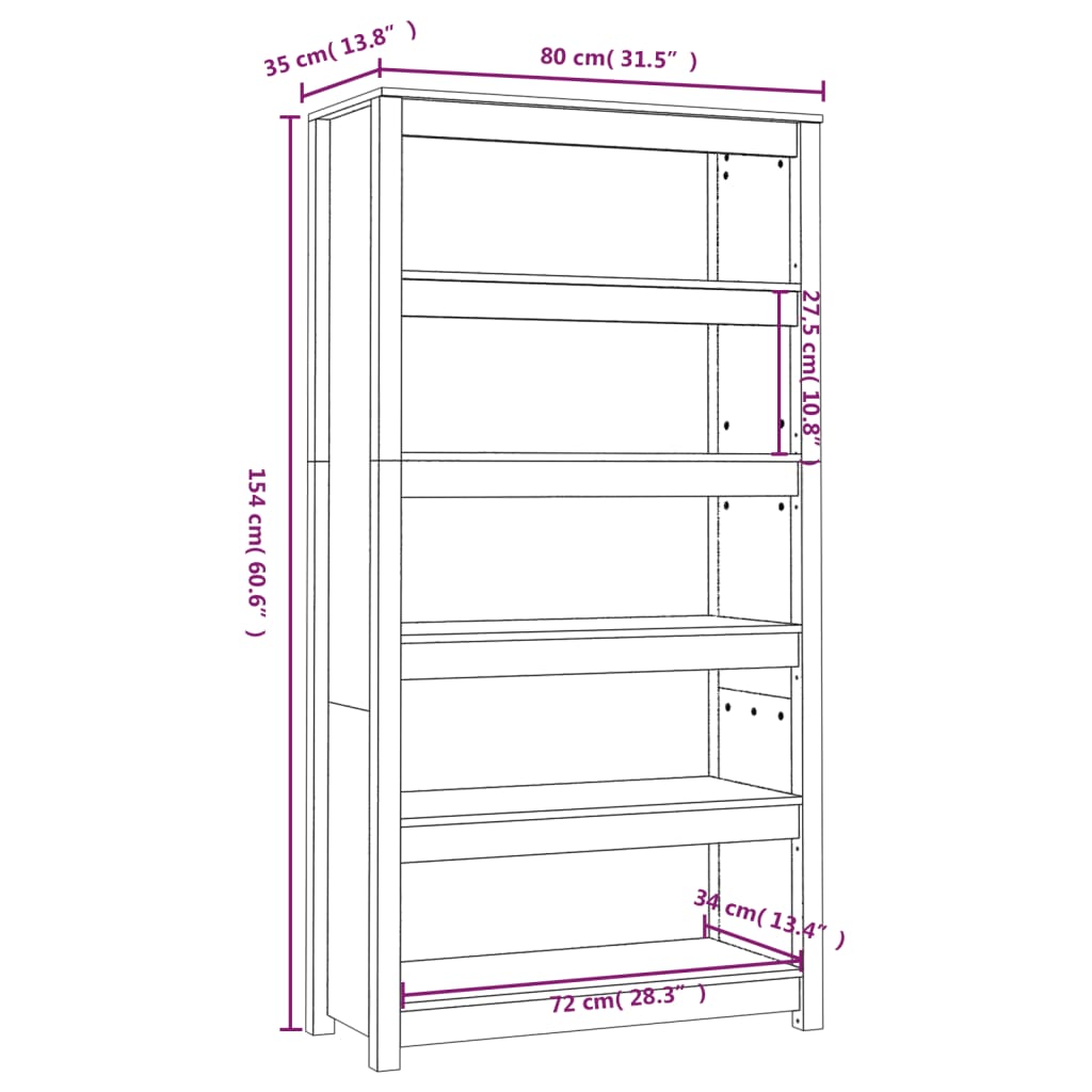 Bokhylle honningbrun 80x35x154 cm heltre furu