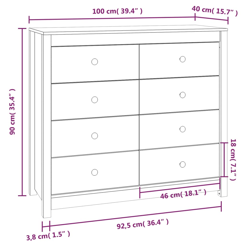 Sideskap hvit 100x40x90 cm heltre furu