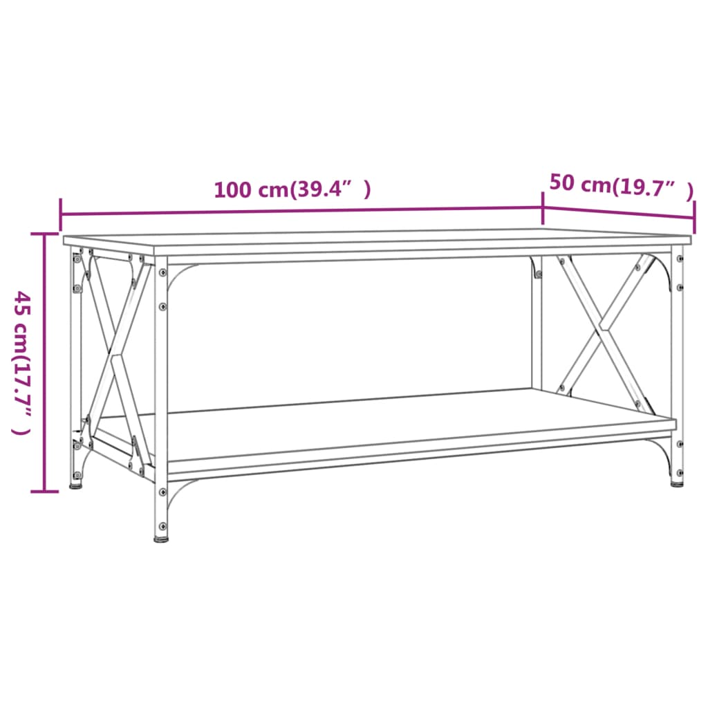 Salongbord brun eik 100x50x45 cm konstruert tre og jern