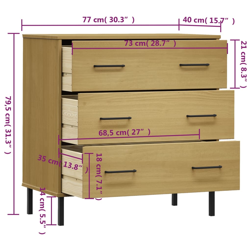 Skjenk med 3 skuffer brun 77x40x79,5 cm heltre OSLO
