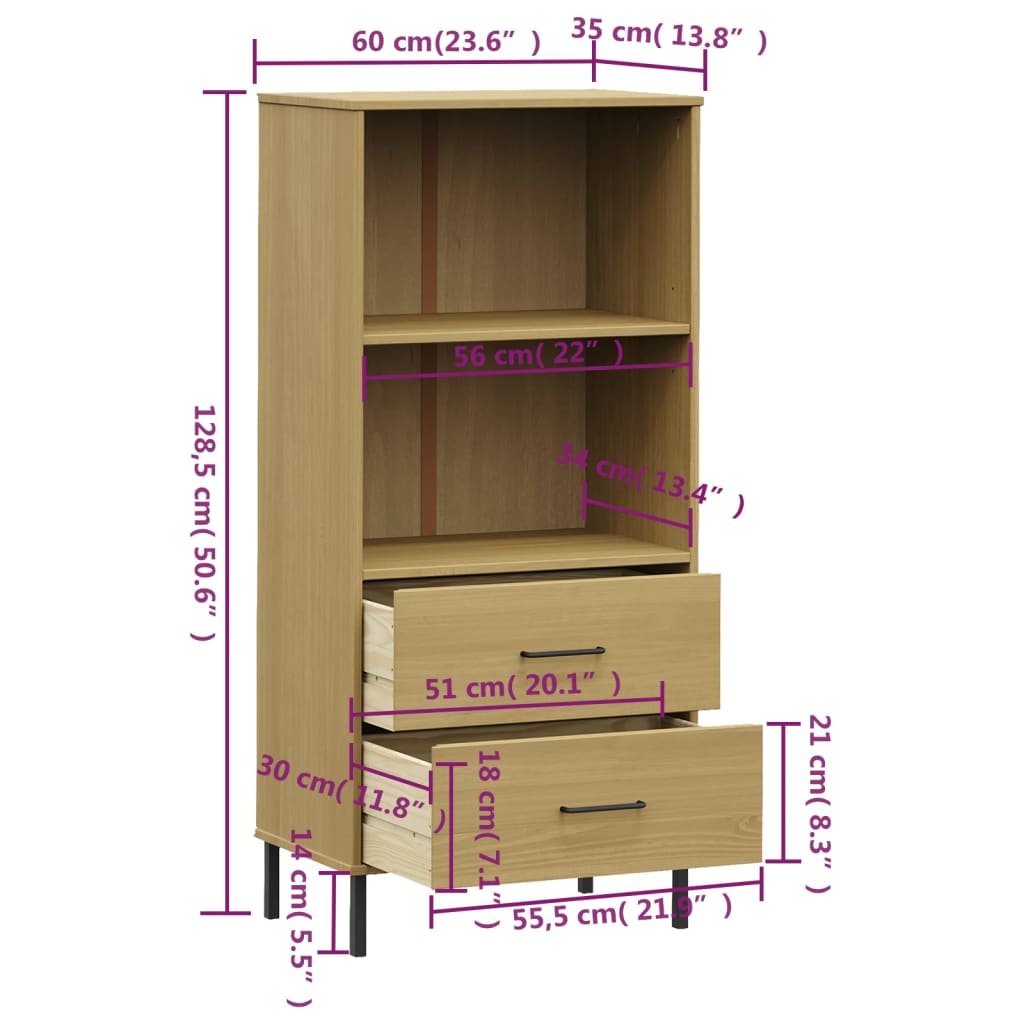 Bokhylle med 2 skuffer brun 60x35x128,5 cm heltre OSLO