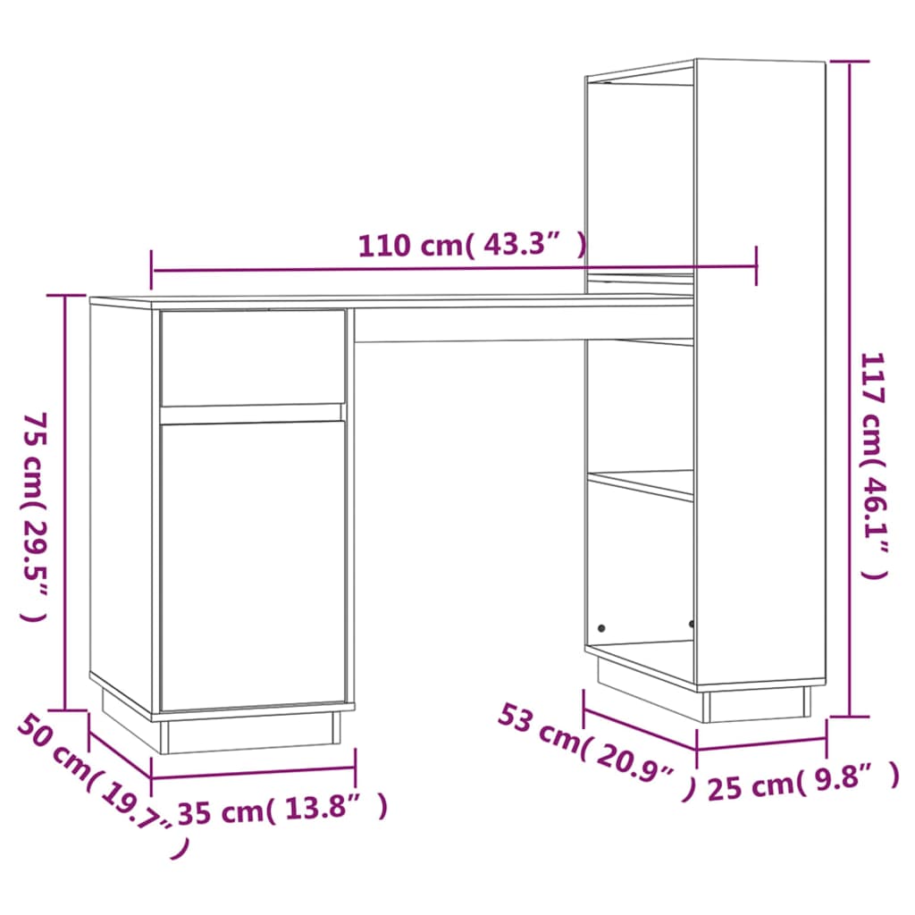 Skrivebord hvit 110x53x117 cm heltre furu