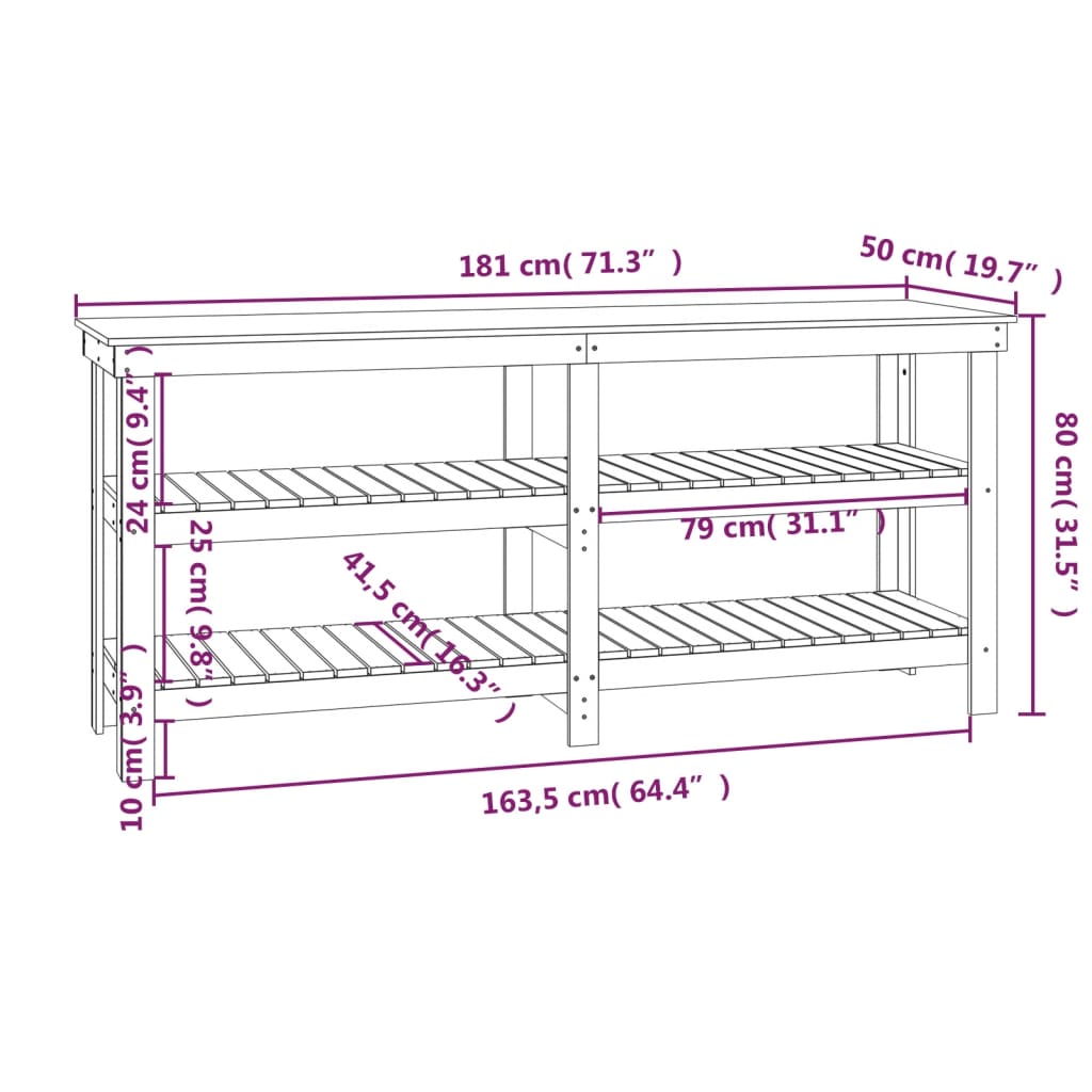 Arbeidsbenk hvit 181x50x80 cm heltre furu