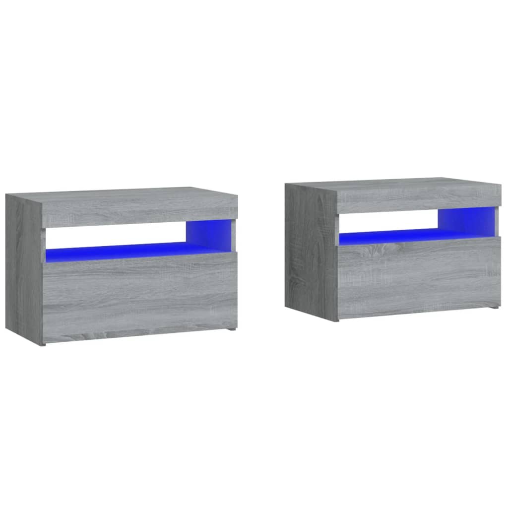 Nattbord 2 stk med LED-lys grå sonoma 60x35x40 cm