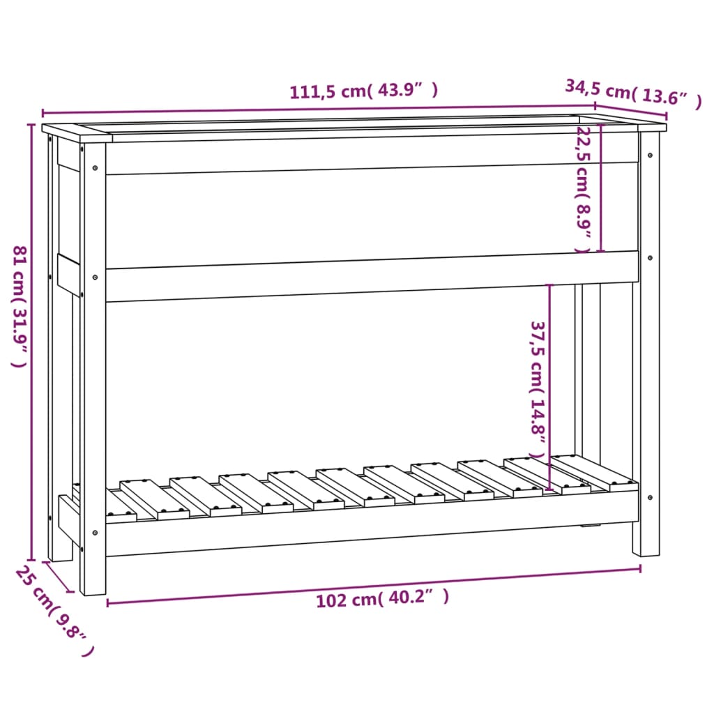 Plantekasse med hylle 111,5x34,5x81 cm heltre furu