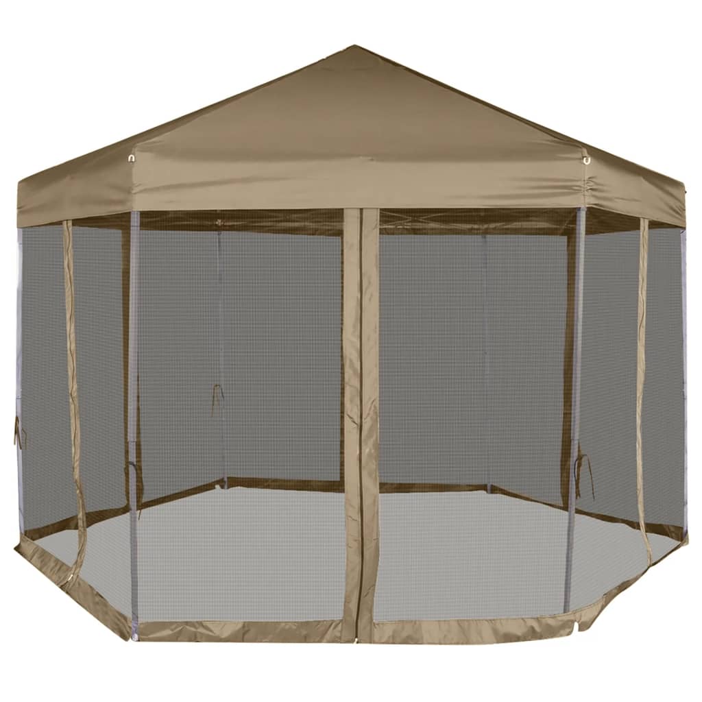 Popup telt med sidevegger sekskantet 3,6x3,1 m gråbrun 220g/m²