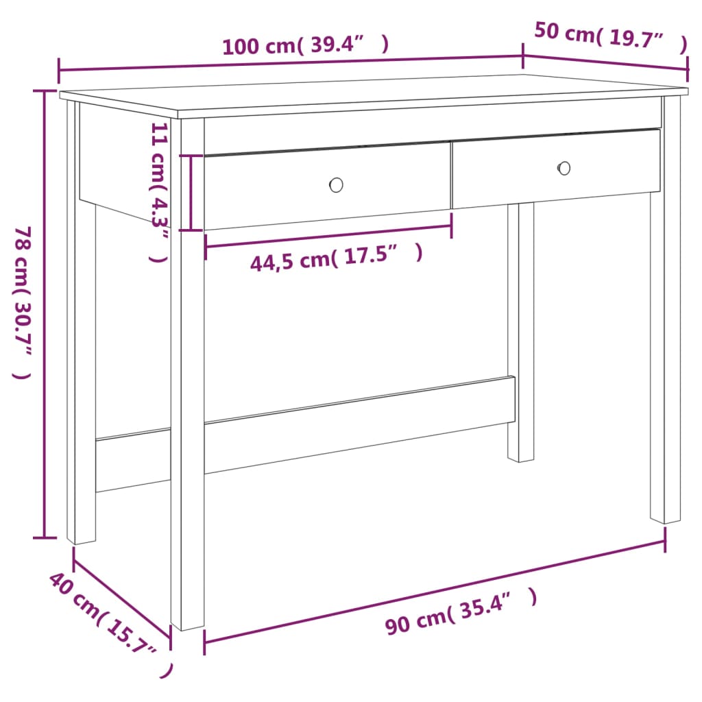 Skrivebord med skuffer 100x50x78 cm heltre furu