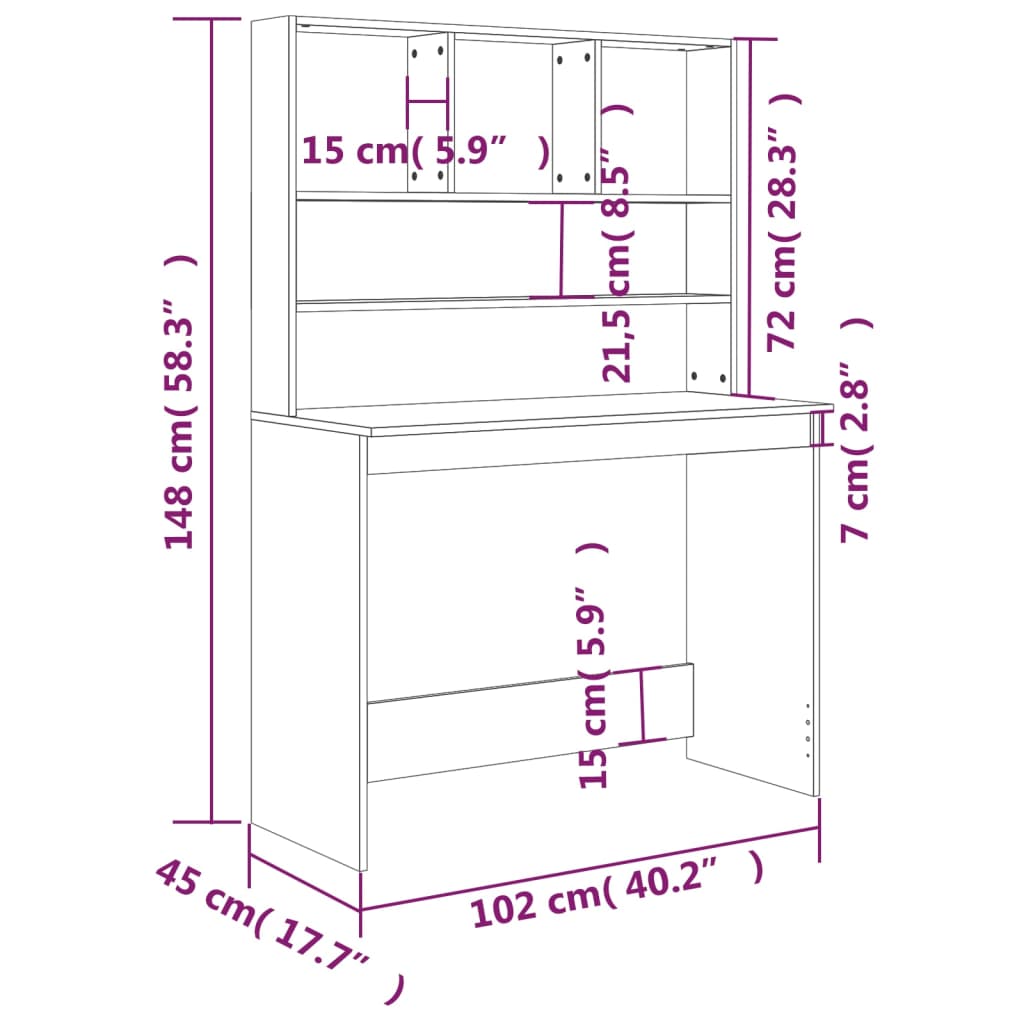 Skrivebord med hyller brun eik 102x45x148 cm konstruert tre