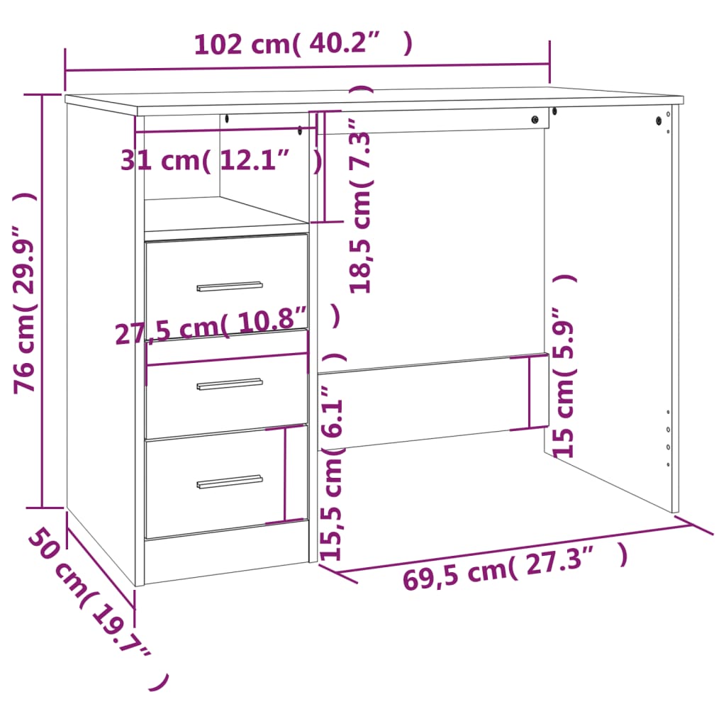 Skrivebord med skuffer betonggrå 102x50x76 cm konstruert tre