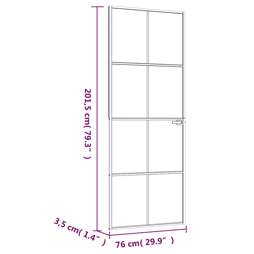 Innerdør hvit 76x201,5 cm herdet glass og aluminium slank