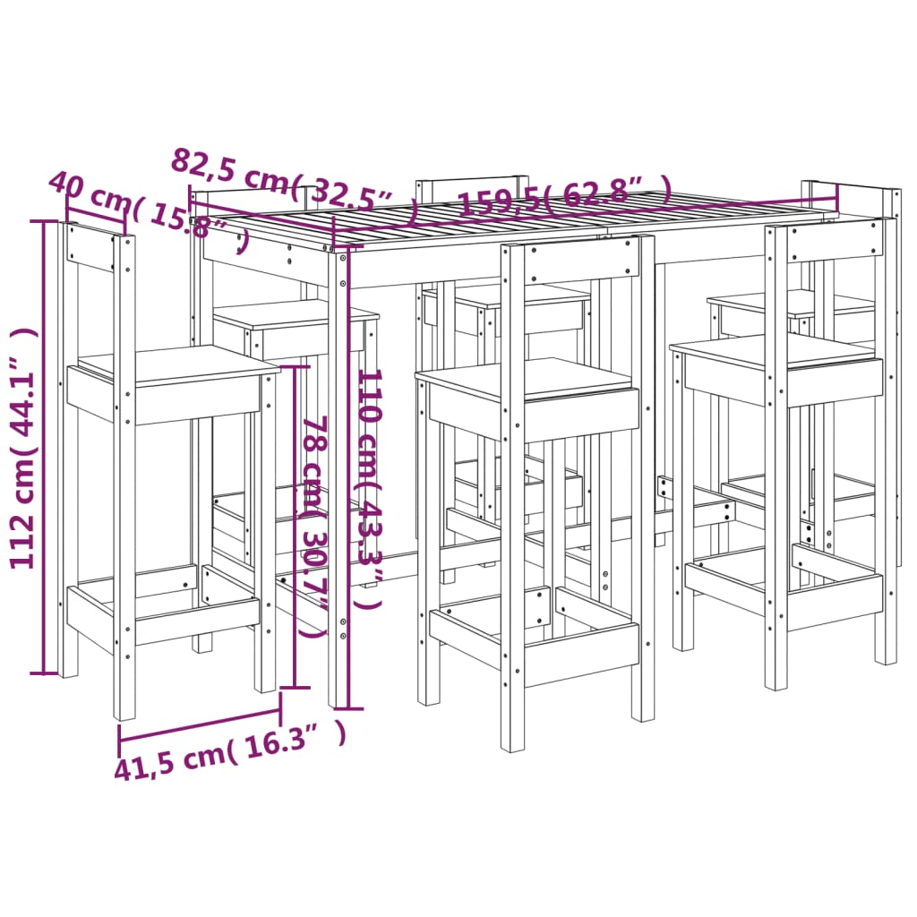 Hagebarsett 7 deler heltre furu vidaXL