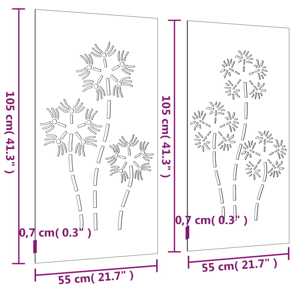 Veggdekorasjoner hage 2 stk 105x55 cm cortenstål blomsterdesign