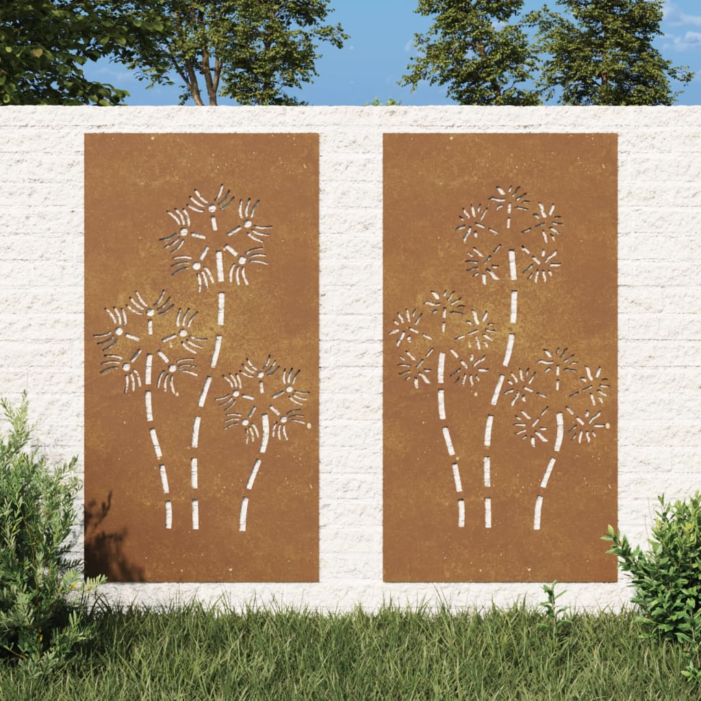 Veggdekorasjoner hage 2 stk 105x55 cm cortenstål blomsterdesign