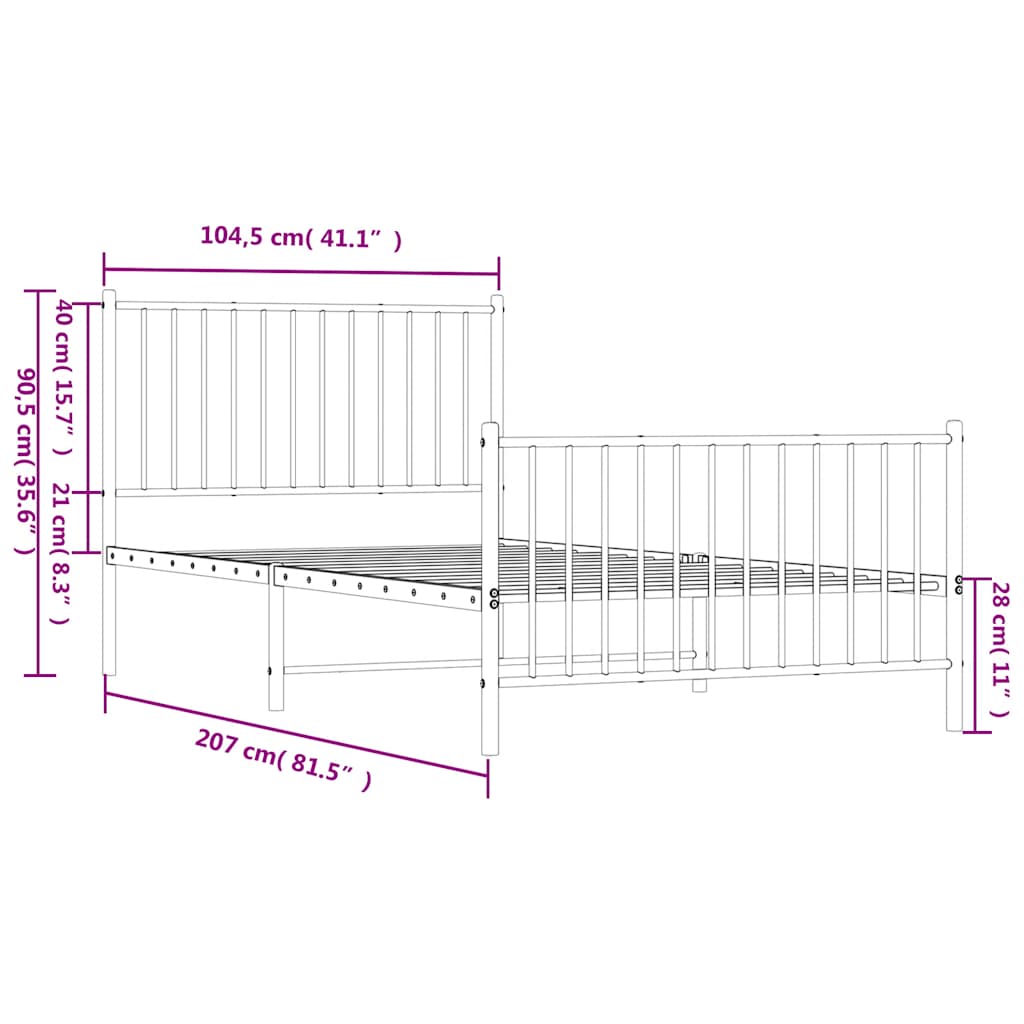 Sengeramme i metall med hode- og fotgavl hvit 100x200 cm vidaXL