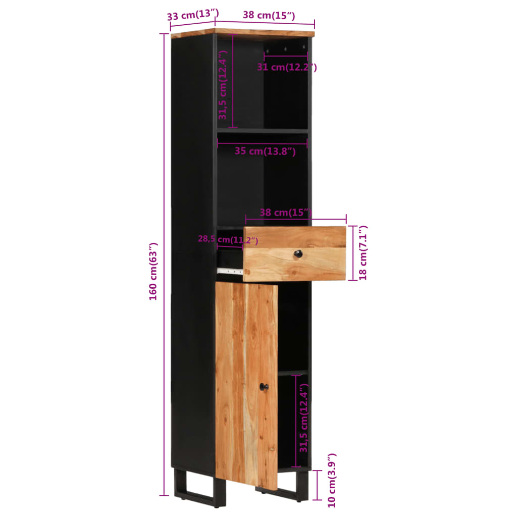 Baderomsskap 38x33x160 cm heltre akasie