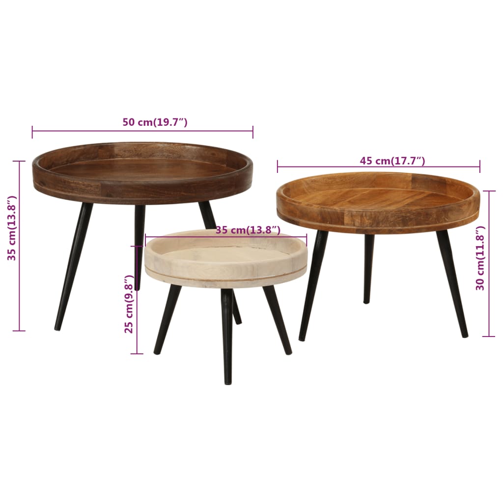 Runde salongbord 3 stk heltre mango