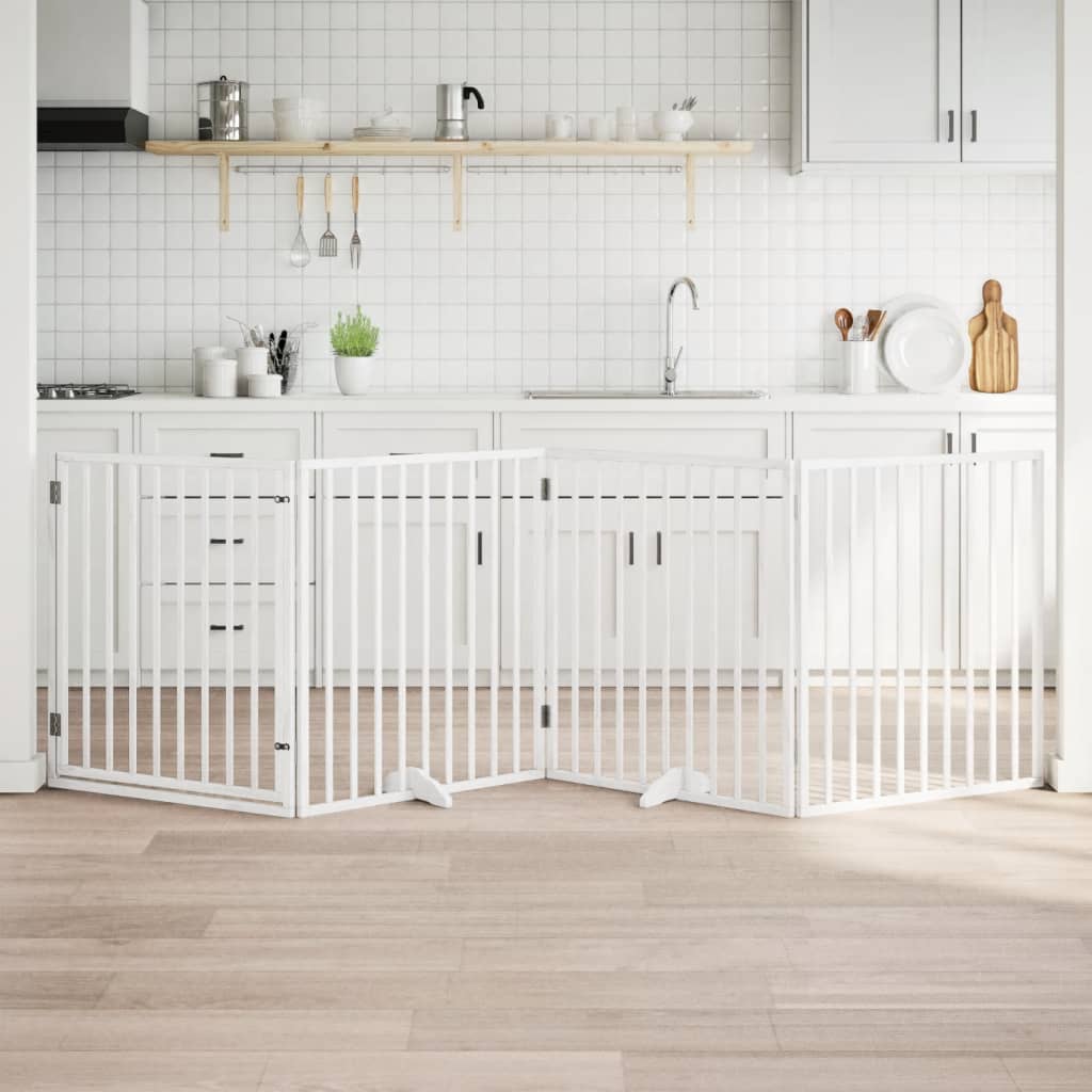 Hundegrind med dør sammenleggbar 4 paneler hvit 320 cm poppeltre