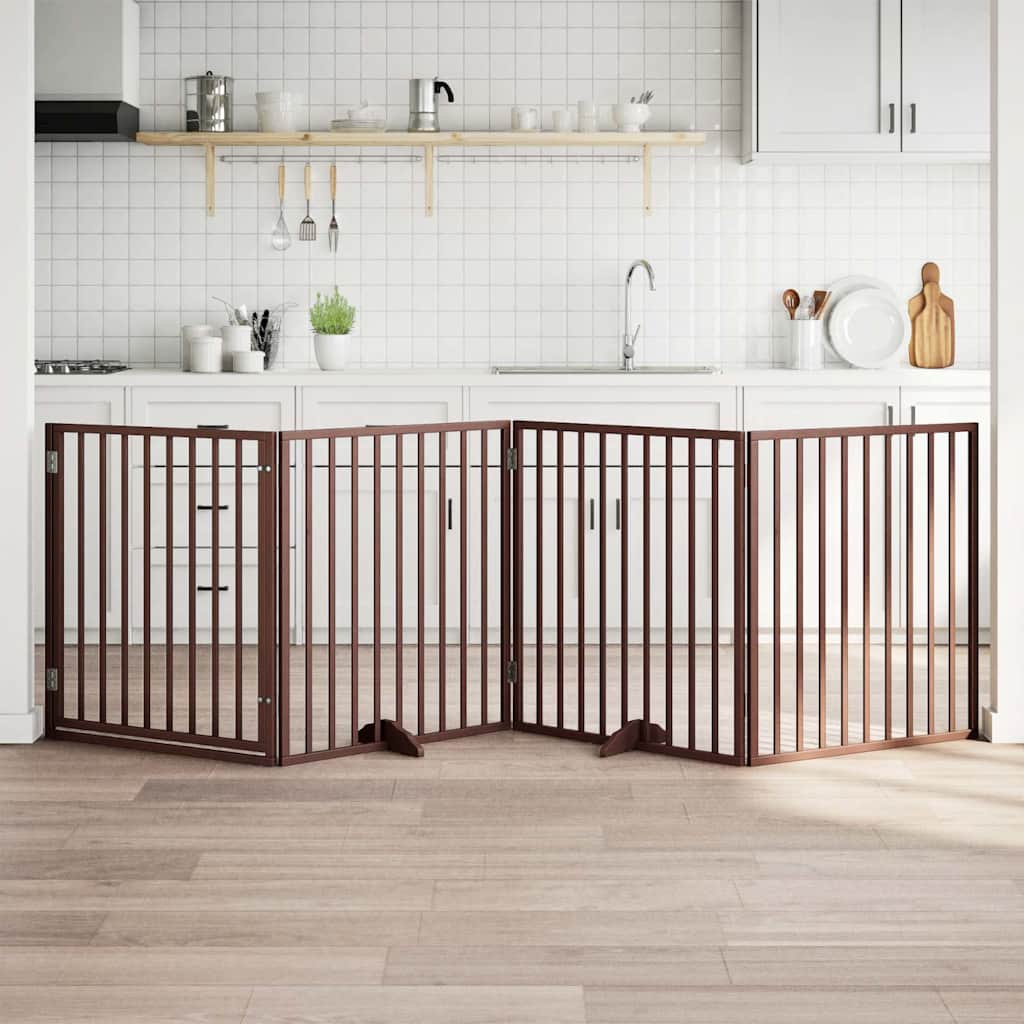 Hundegrind med dør sammenleggbar 4 paneler brun 320 cm poppeltre