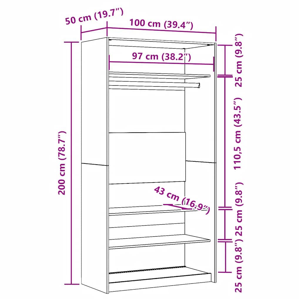 Garderobe grå sonoma 100x50x200 cm konstruert tre
