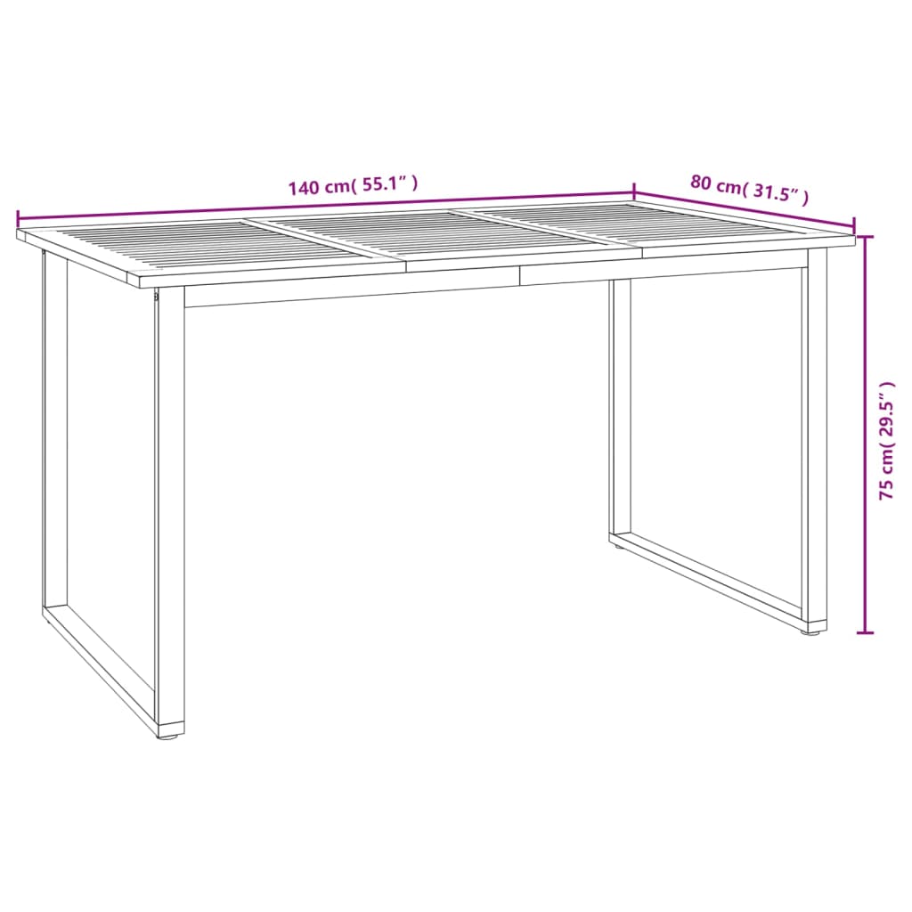 Hagebord med U-ben 140x80x75 cm heltre akasie