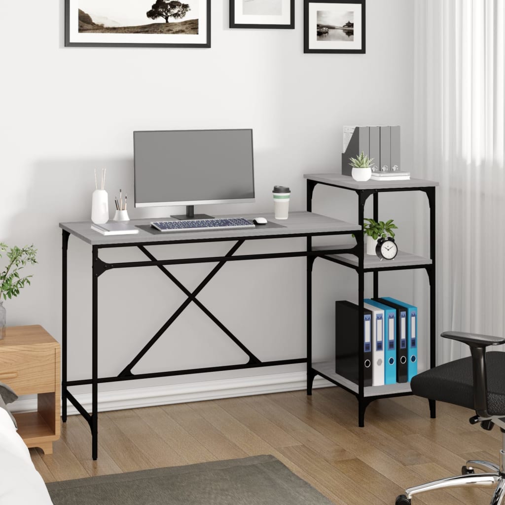 Skrivebord hyller grå sonoma 135x50x90 cm konstruert tre jern