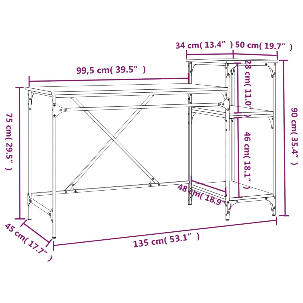 Skrivebord hyller grå sonoma 135x50x90 cm konstruert tre jern