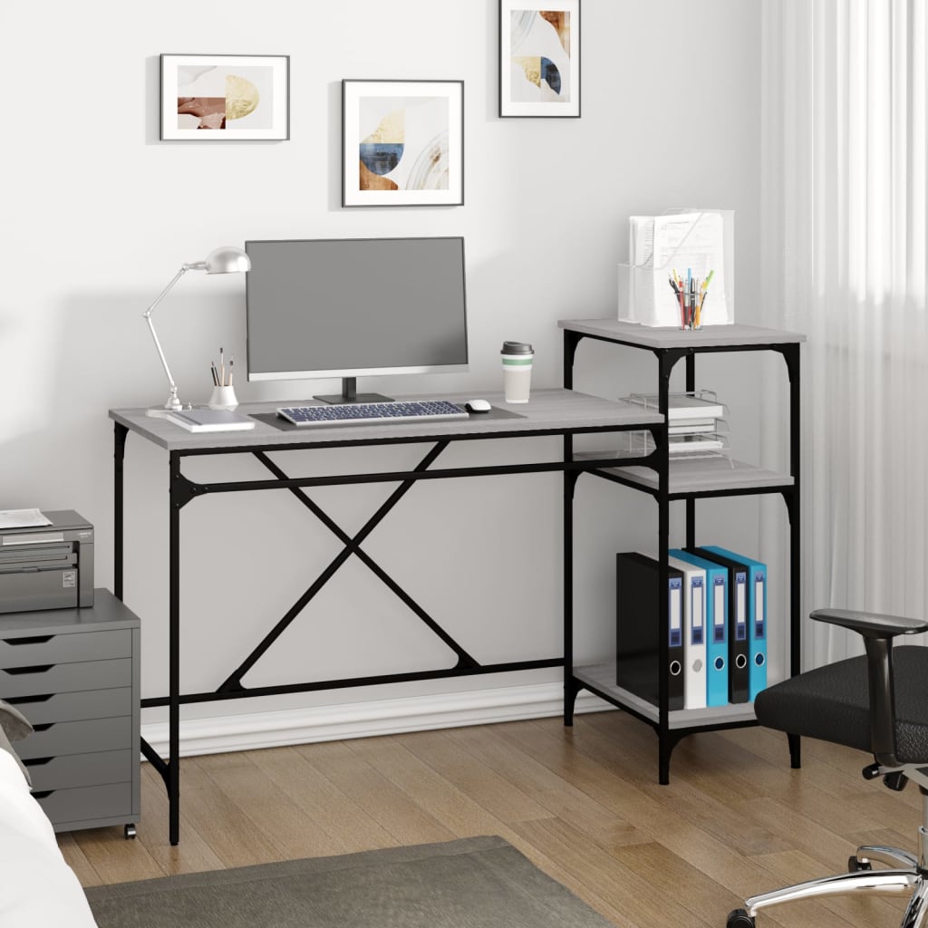 Skrivebord hyller grå sonoma 135x50x90 cm konstruert tre jern