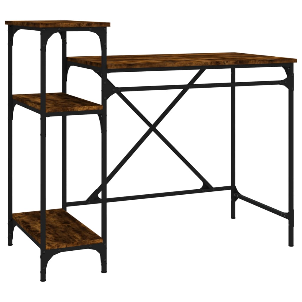 Skrivebord med hyller røkt eik 105x50x90 cm konstruert tre jern