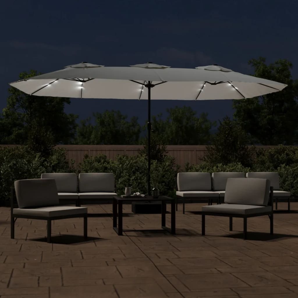 Hageparasoll dobbelt hode med LED sandhvit 449x265 cm vidaXL