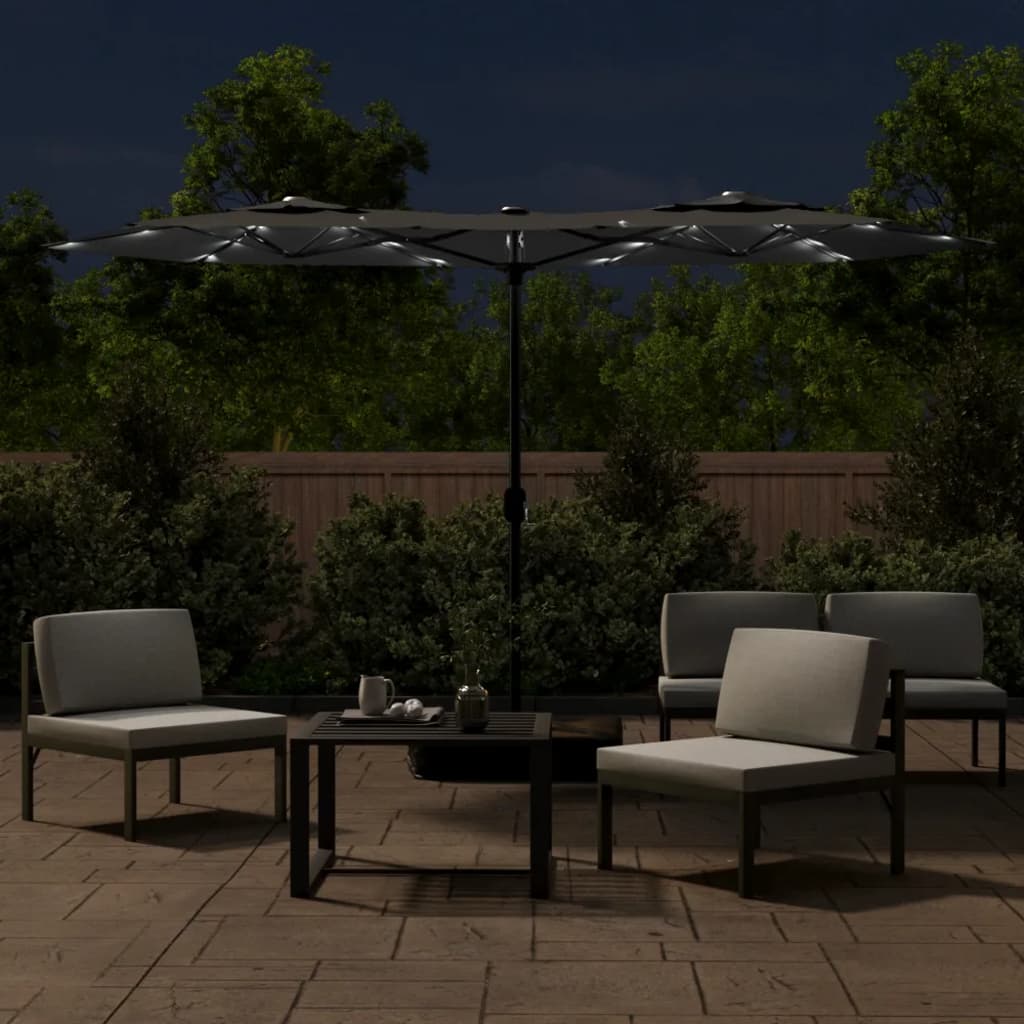 Hageparasoll dobbelt hode med LED antrasitt 316x145 cm