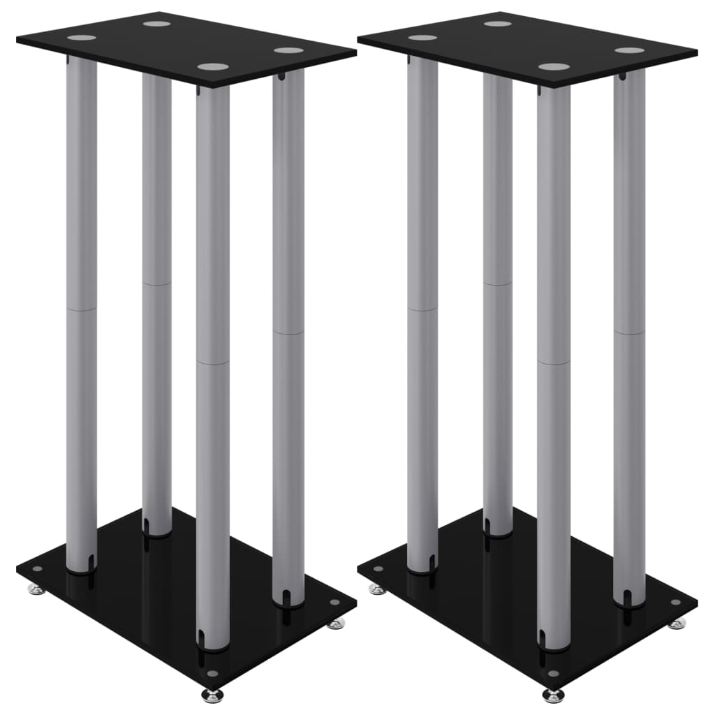 Høyttalerstativ 2 stk svart og sølv herdet glass 4 søyledesign