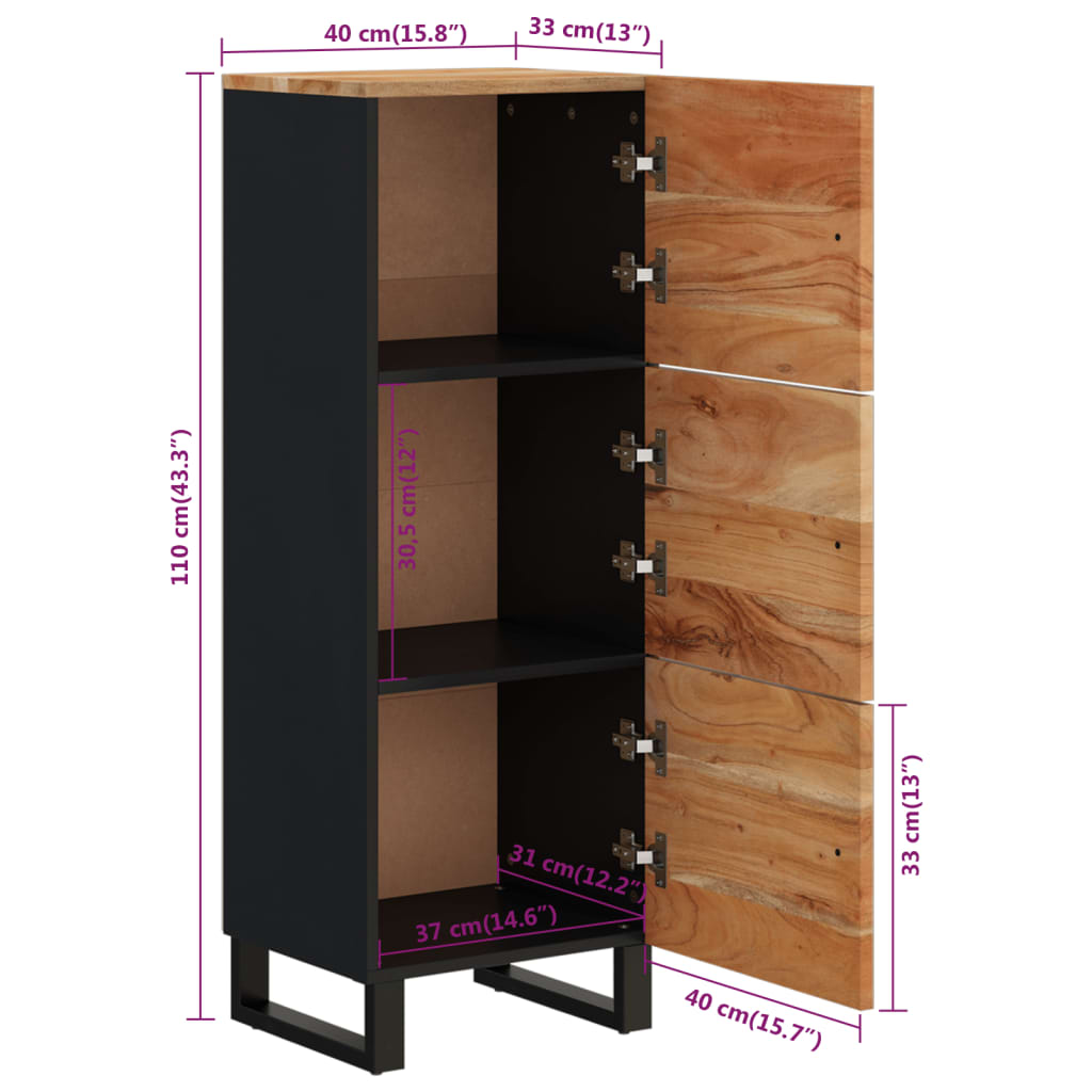 Highboard med 3 dører 40x33x110 cm heltre akasie og jern