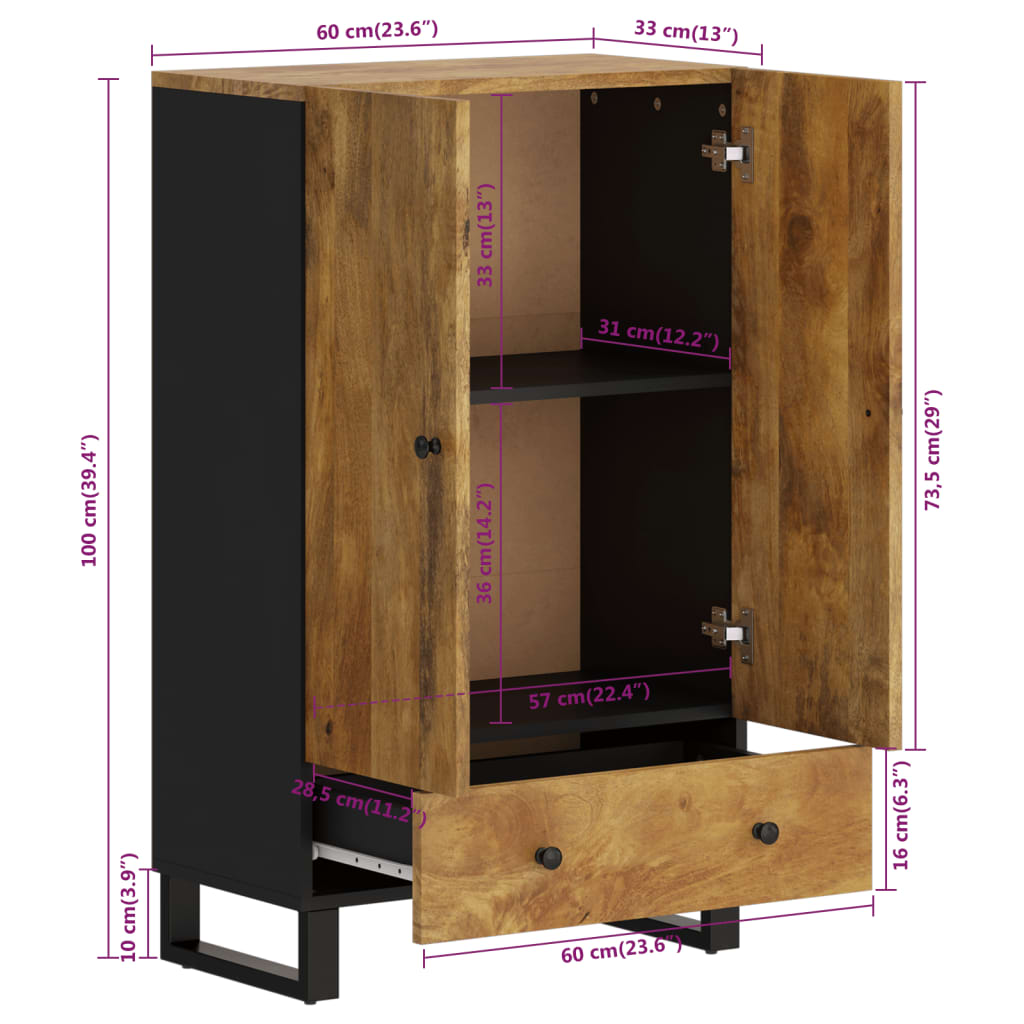 Highboard med skuff 60x33x100 cm heltre mango og jern