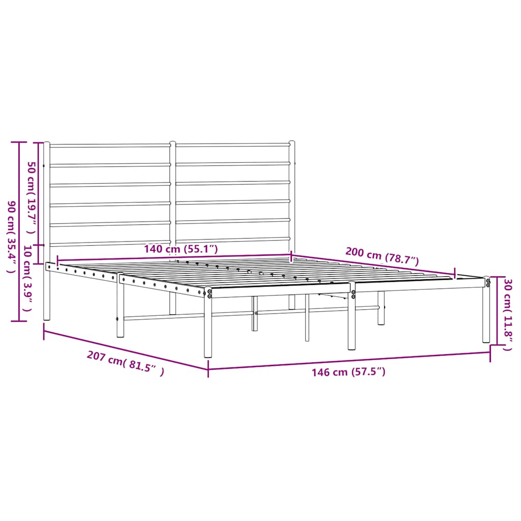 Sengeramme i metall med sengegavl svart 140x200 cm vidaXL
