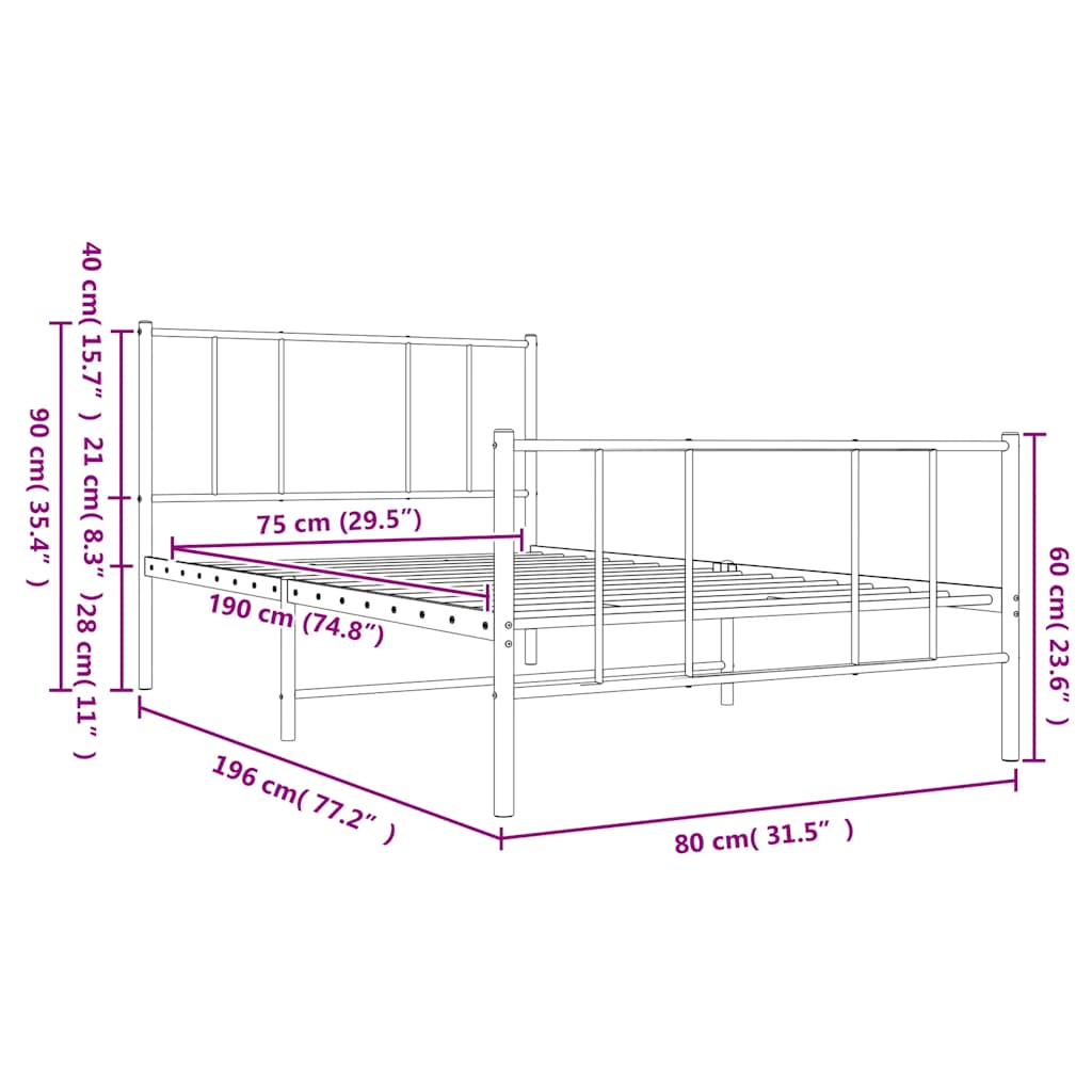 Sengeramme i metall med hode- og fotgavl hvit 75x190 cm