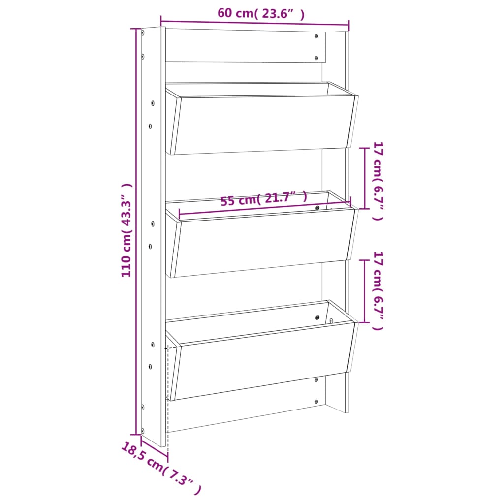 Vegghengt plantekasse 3 lag 60x18,5x110 cm heltre douglasgran