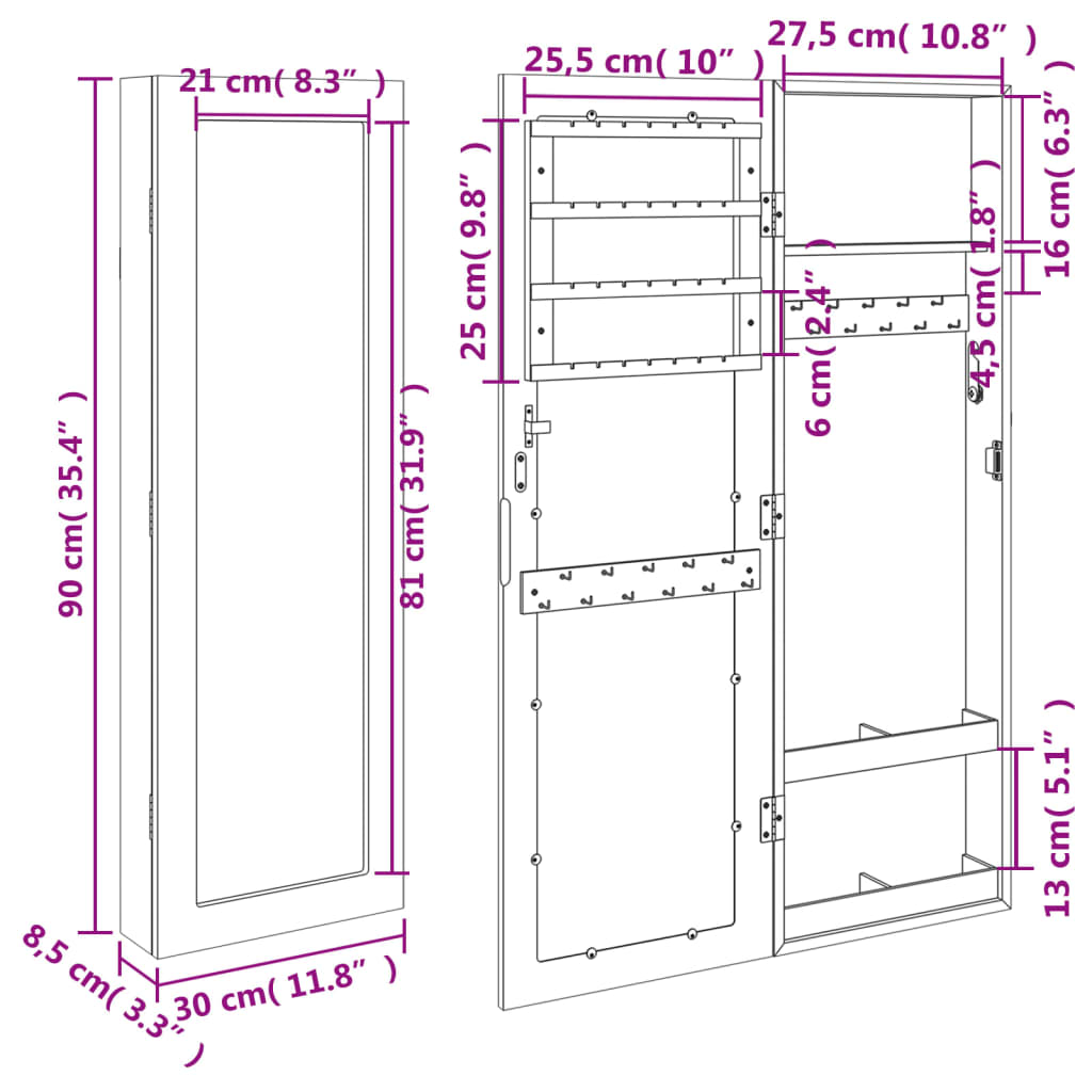 Vegghengt smykkeskap med speil hvit 30x8,5x90 cm