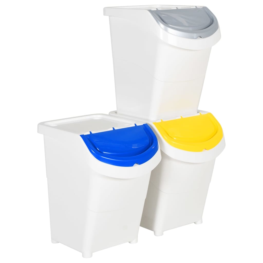 Stablebare avfallsbeholdere med lokk 3 stk hvit PP 120 L