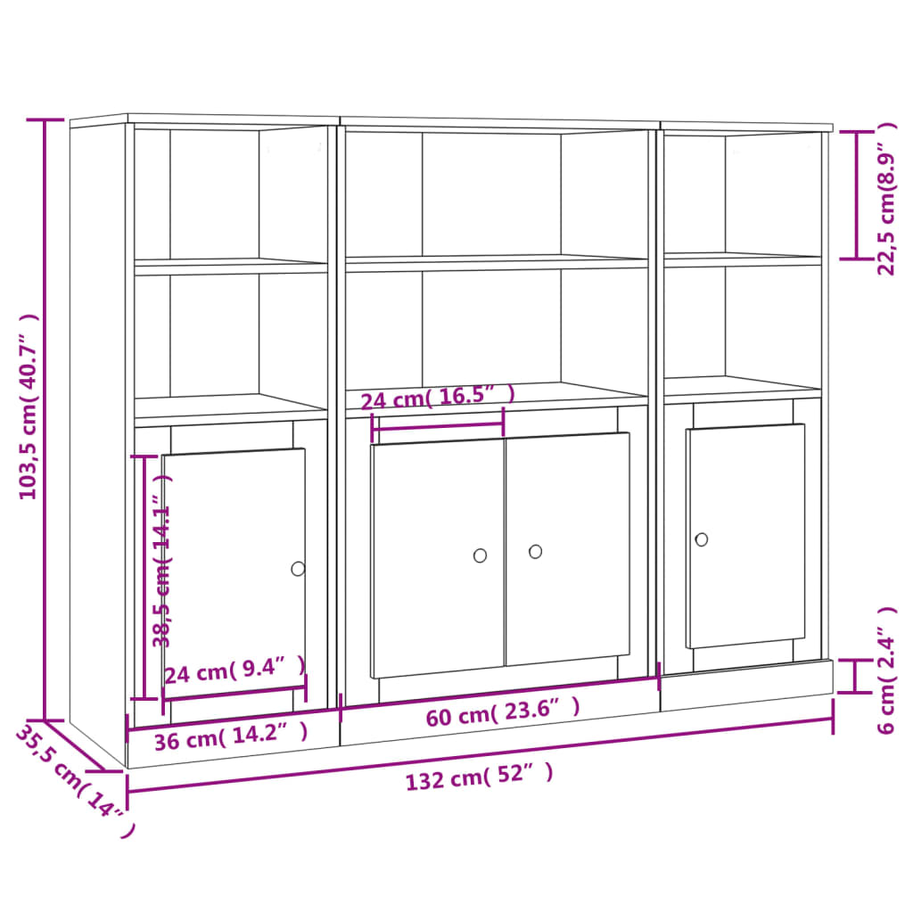 Highboards 3 stk hvit konstruert tre
