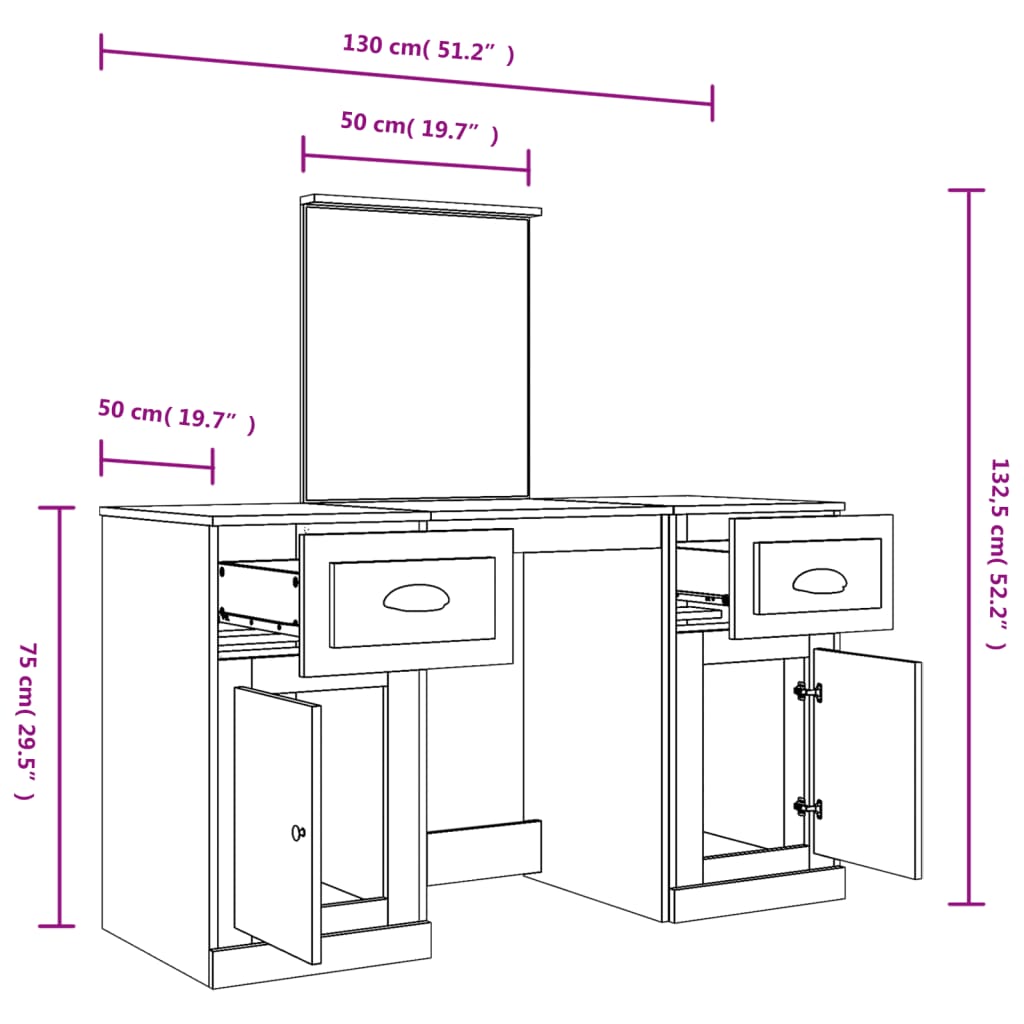 Sminkebord med speil sonoma eik 130x50x132,5 cm