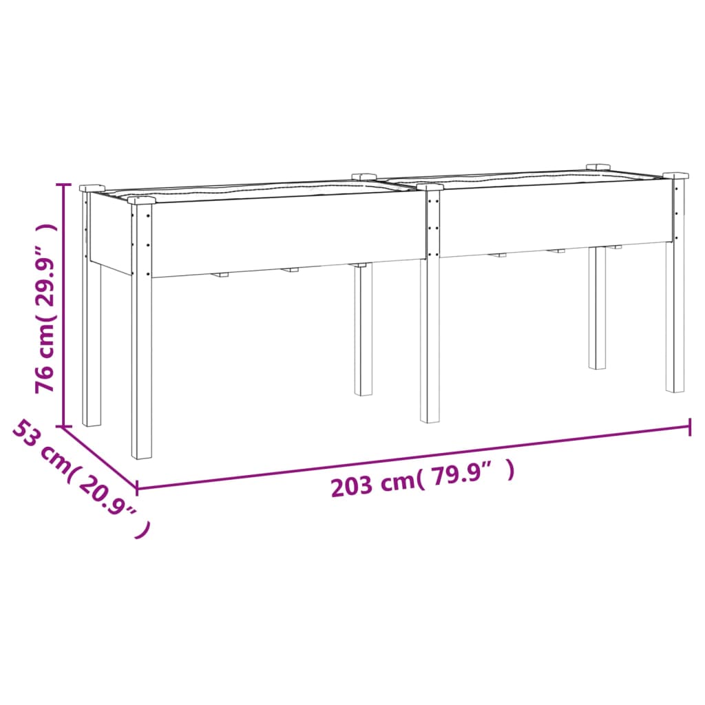 Plantekasse med foring grå 203x53x76 cm heltre gran