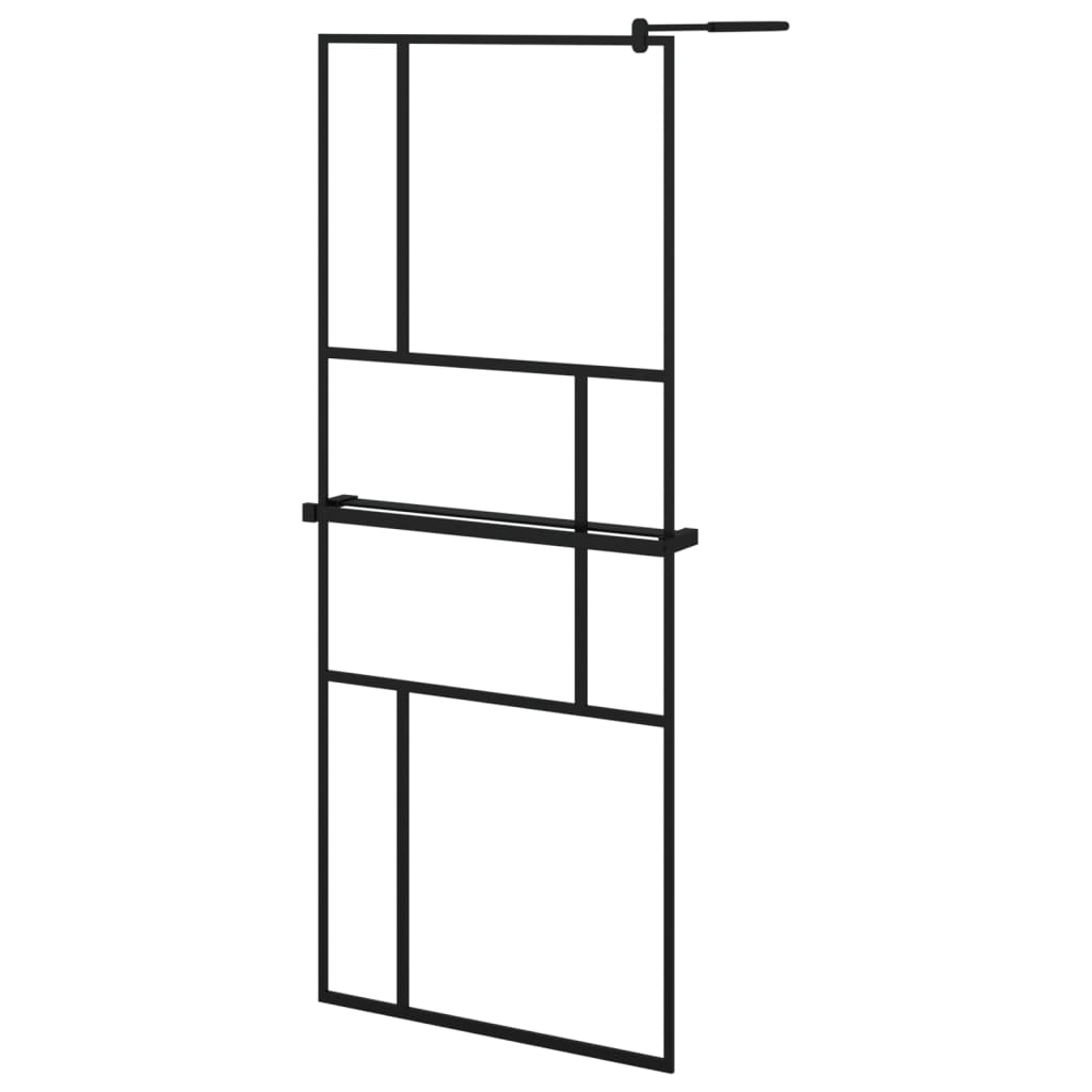 Dusjvegg med hylle svart 80x195 cm ESG-glass og aluminium