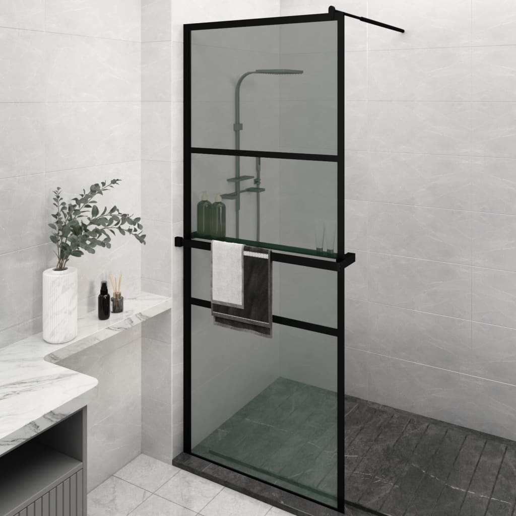 Dusjvegg med hylle svart 80x195 cm ESG-glass og aluminium vidaXL