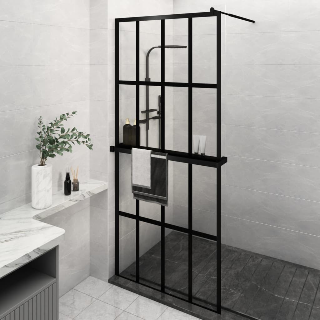 Dusjvegg med hylle svart 90x195 cm ESG-glass og aluminium vidaXL