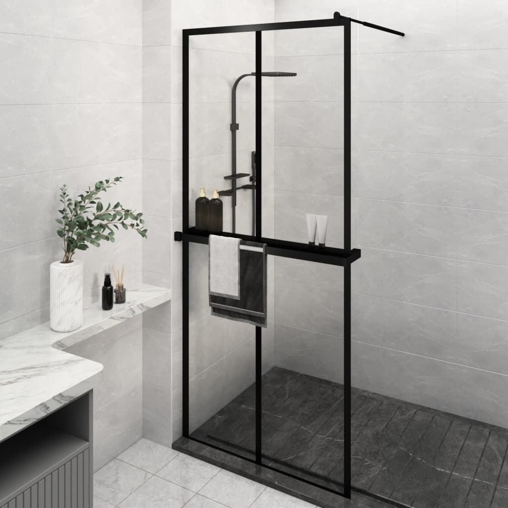 Dusjvegg med hylle svart 90x195 cm ESG-glass og aluminium vidaXL