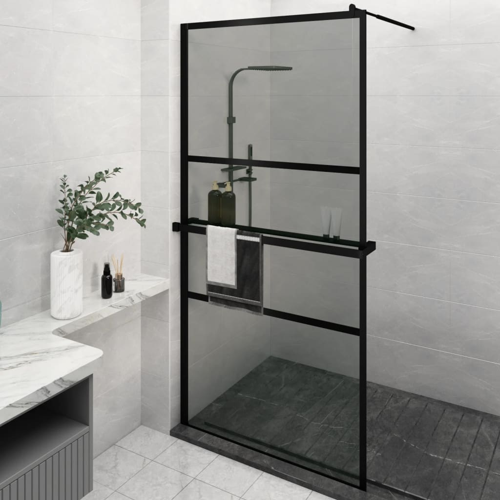 Dusjvegg med hylle svart 115x195 cm ESG-glass og aluminium vidaXL