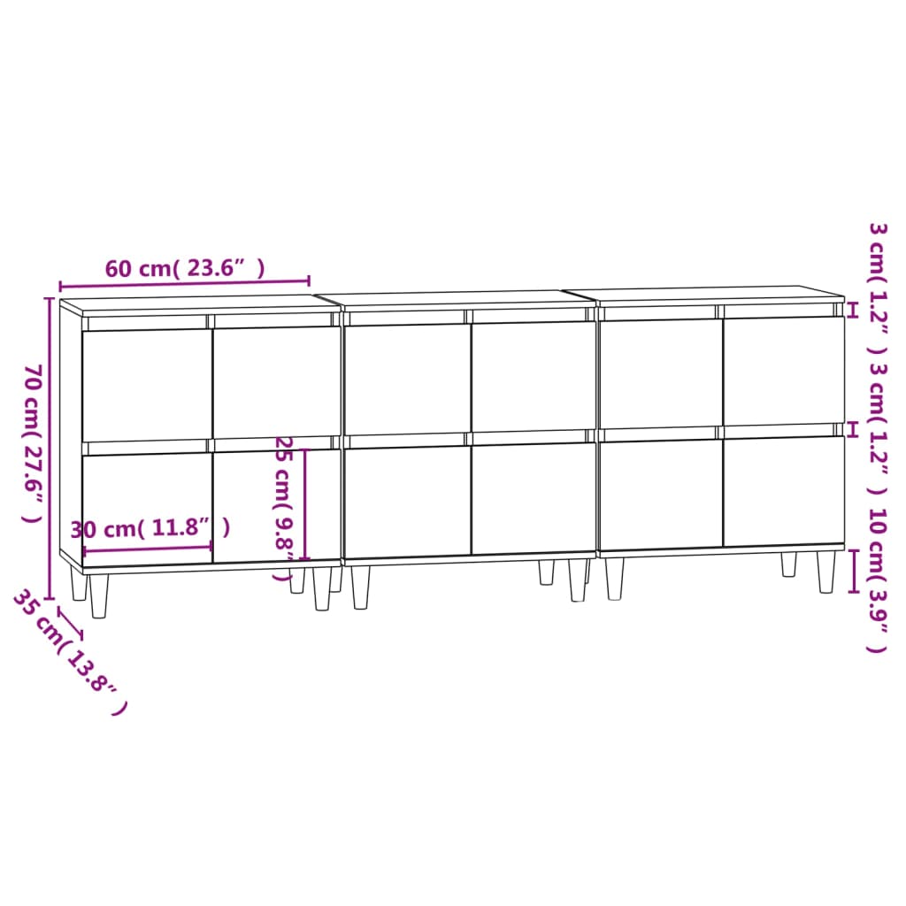 Skjenker 3 stk betonggrå 60x35x70 cm konstruert tre